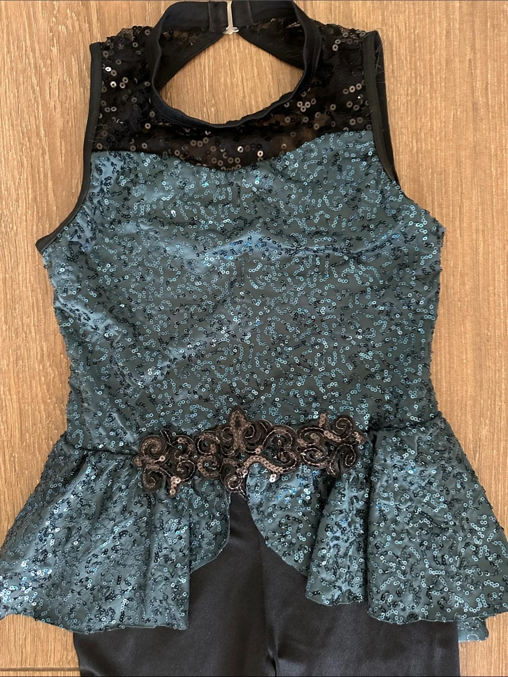 Weissman girls Teal Sequin Peplum Jumpsuit with Black Leggings. Great for dance.